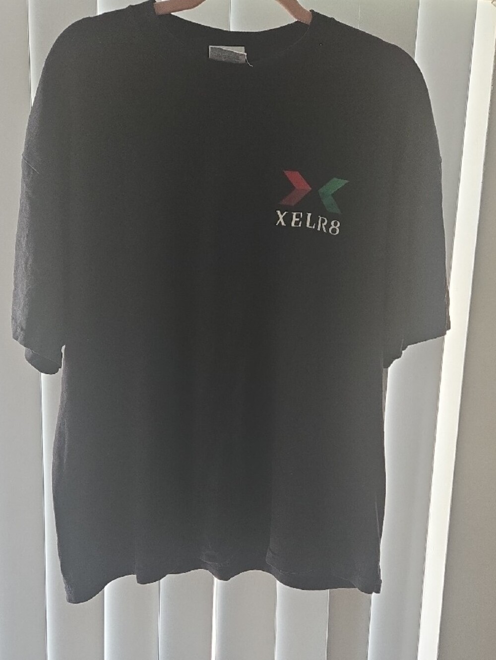 XELR8 Logo On a Port and Company Black Tee with Red and White Graphic